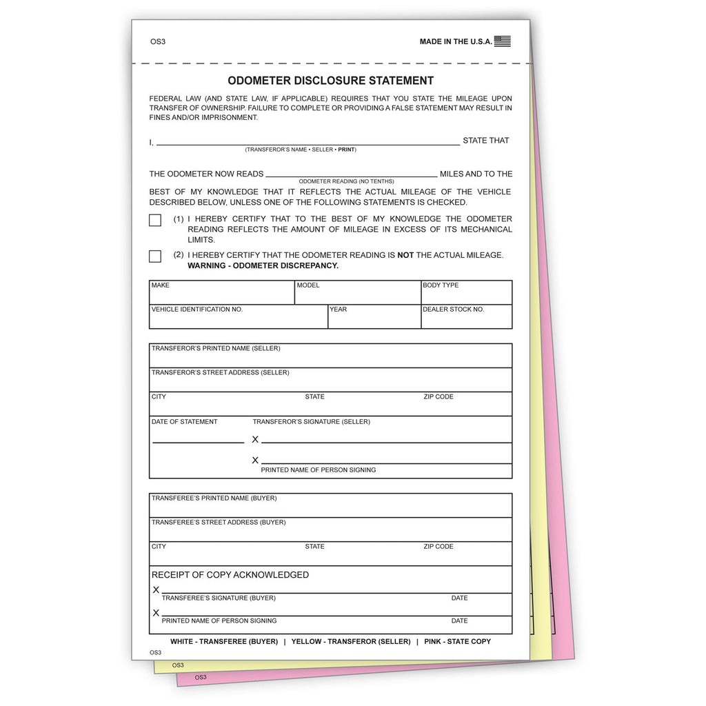 3 - Part Auto Dealer Odometer Disclosure Statements Forms (Package of 100) - Detail Direct