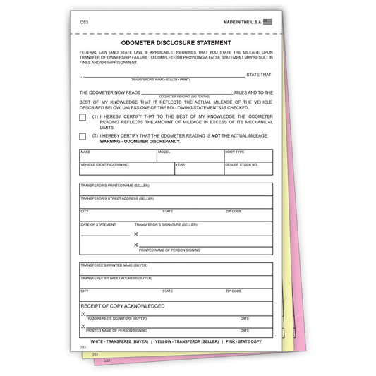 3 - Part Auto Dealer Odometer Disclosure Statements Forms (Package of 100) - Detail Direct