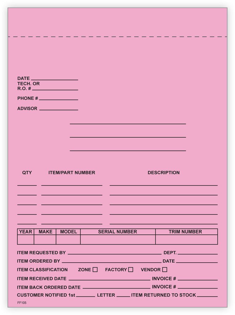 4 - Part Auto Dealer Special Parts Order Forms - Stock (Package of 100) - Detail Direct