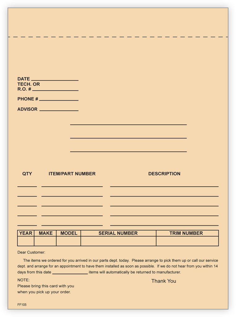 4 - Part Auto Dealer Special Parts Order Forms - Stock (Package of 100) - Detail Direct