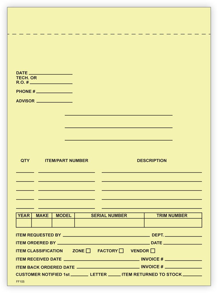 4 - Part Auto Dealer Special Parts Order Forms - Stock (Package of 100) - Detail Direct