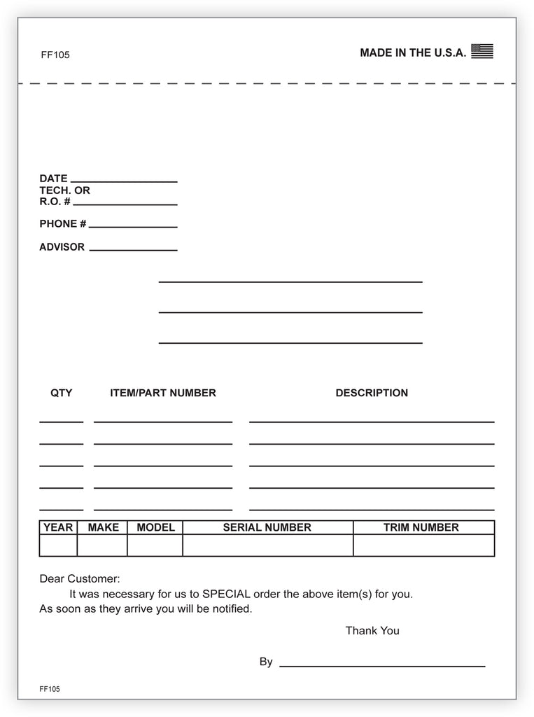 4 - Part Auto Dealer Special Parts Order Forms - Stock (Package of 100) - Detail Direct