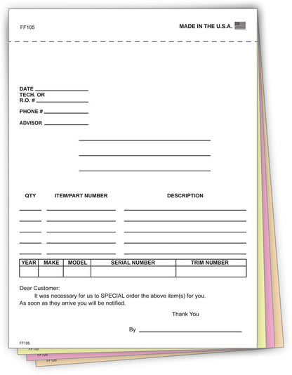 4 - Part Auto Dealer Special Parts Order Forms - Stock (Package of 100) - Detail Direct