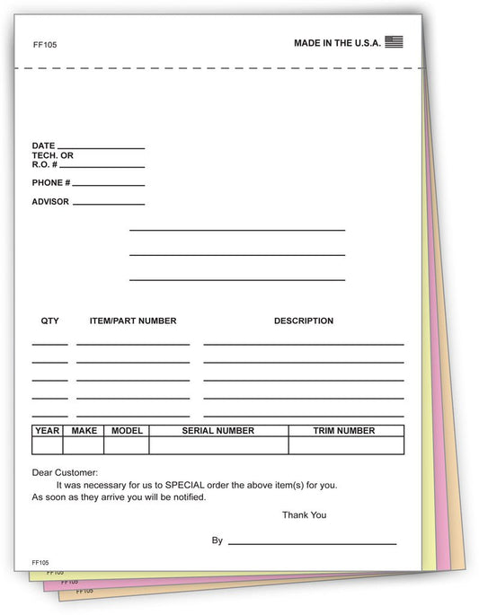 4 - Part Auto Dealer Special Parts Order Forms - Stock (Package of 100) - Detail Direct