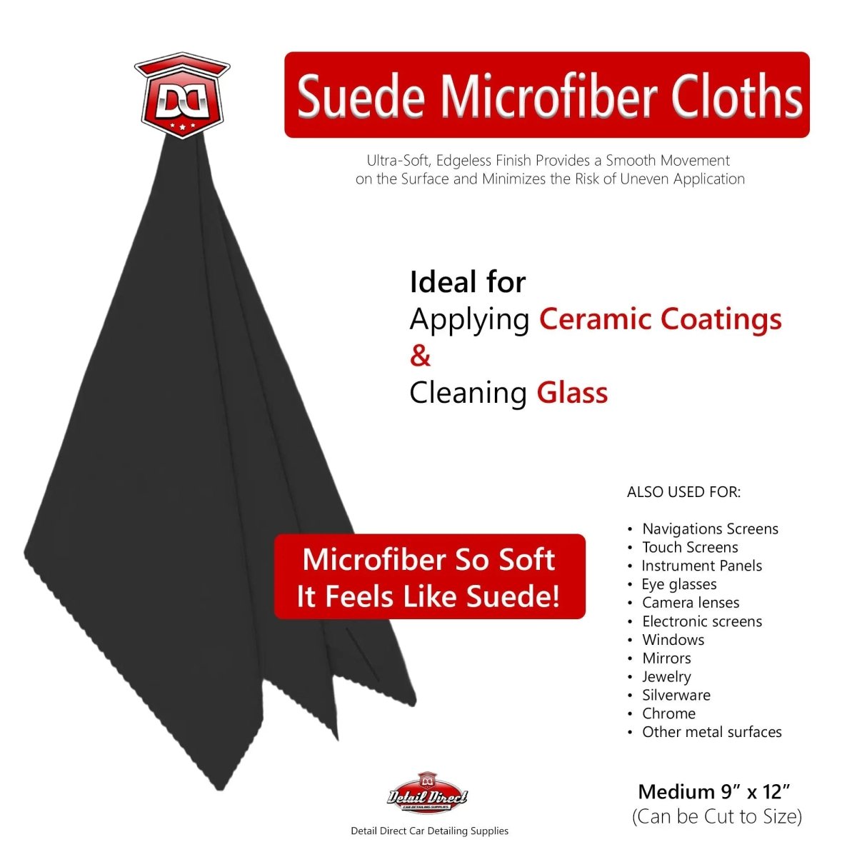 DETAIL DIRECT Black Suede Microfiber Cloth 9 in x 12 in (12 Pack) - Detail Direct