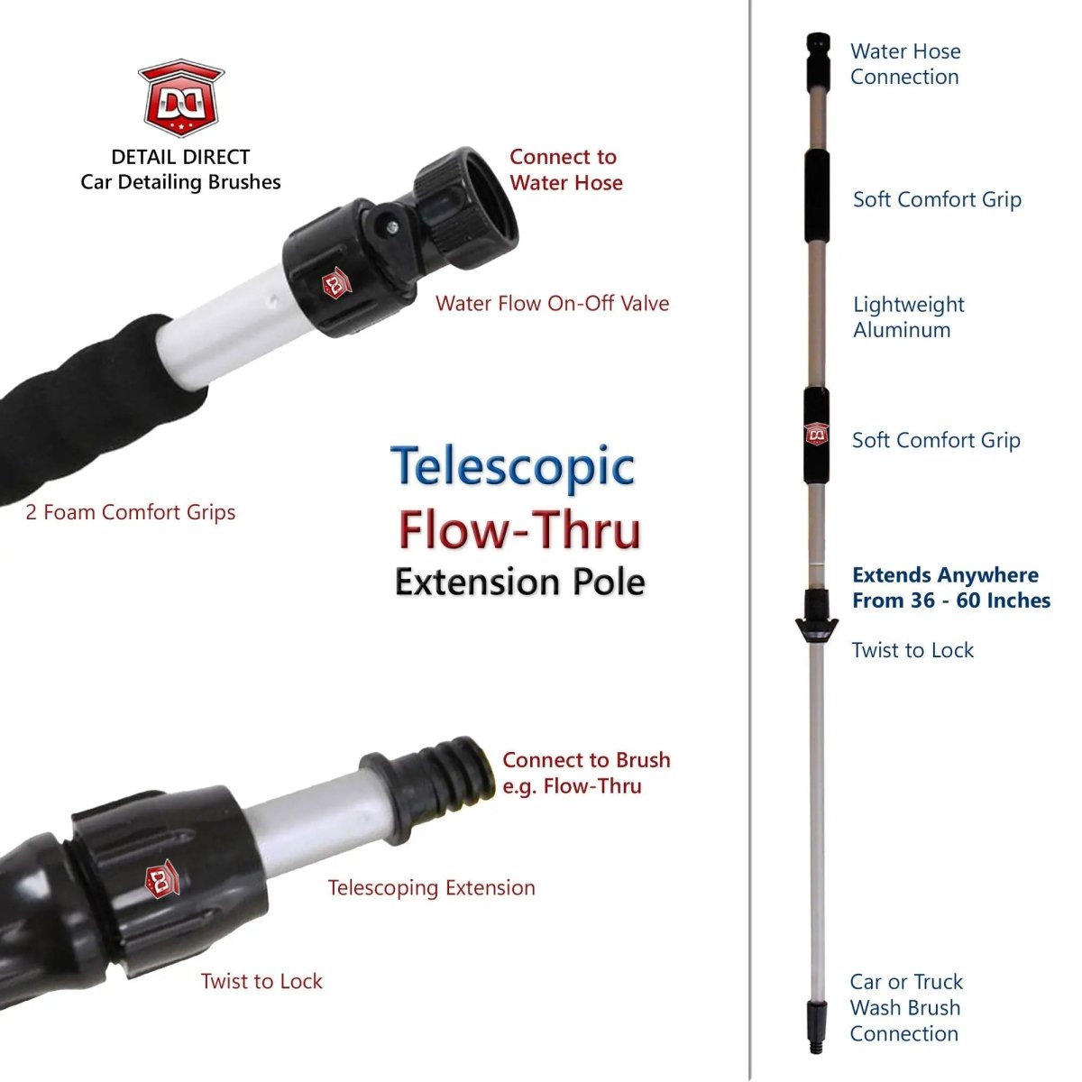 DETAIL DIRECT Car Wash Extension Pole Flow-Thru Handle 36-60 Inches - Detail Direct