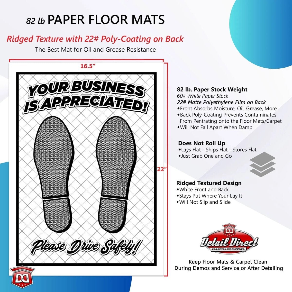 Poly Back Ridged Disposable Automotive Paper Floor Mats - 82# Stock (Package of 250) - Detail Direct